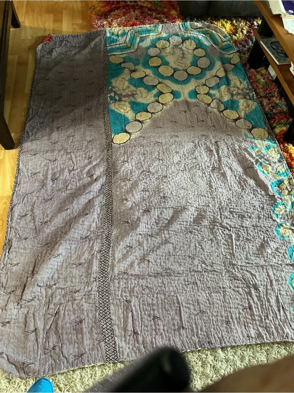 Tantha Handcrafted Patchwork Quilt Throw in Teal, Red, Brown and Cream